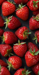 many strawberries are lined up with leaves on top