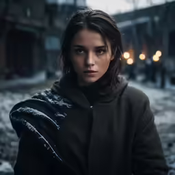 a woman standing on a street with a cold winter day in the background