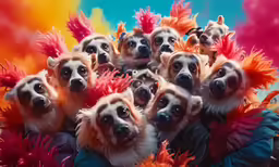 several dogs and a dog in a red and yellow costume