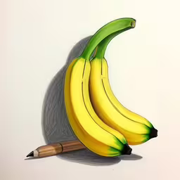 three bananas that are laying next to each other,two yellow bananas next to a pencil on a table,three bananas sitting next to each other on top of a table,drawing of a pair of bananas and a pencil on white paper,drawing with colored pencils of three bananas