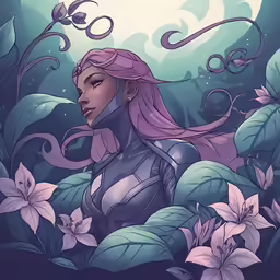 a woman with long hair standing in front of flowers