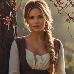 woman with long braid standing under tree with pink flowers