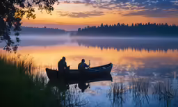 two men sitting in a boat on the lake at sunset