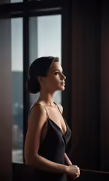 a woman with her hands in the pocket looking out a window