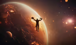 a man leaping out of the water onto the earth