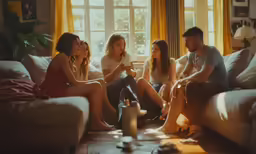 three adults are sitting on the couch and talking to one another