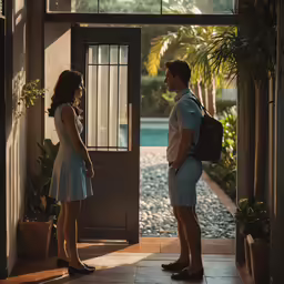a man and a woman standing at a door of a house