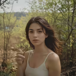 a woman with long brown hair is holding her cigarette
