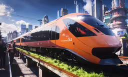 a futuristic train is stopped near some people,people stand near a train that is in the middle of a station