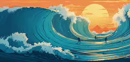 surfers riding huge ocean waves against an orange sunset,a drawing of two people standing on top of waves