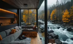 a living room with a large window and a river in the background