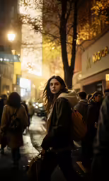 a woman walking down a busy street next to trees