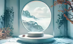 a room with a mirror, a round sculpture and a plant