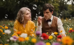 a couple in formal wear on a flowery field with soap bubbles