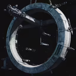 a futuristic ship on the water in a ring