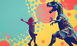 two girls with dinosaur paintings on a colorful background