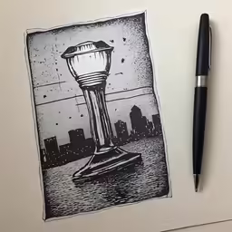 a pen and a drawing on a paper