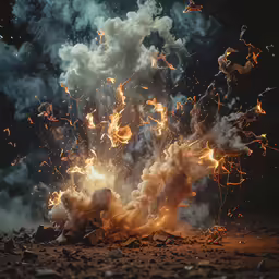the fire is blazing in the dark, with smoke on it