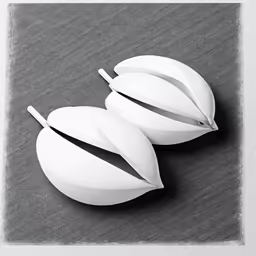 two white vases on a dark surface one has leaves and looks like it is split apart