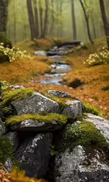 a moss covered pathway in a misty forest