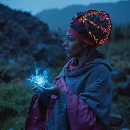 a young woman in an illuminated headdress holds a glowing item