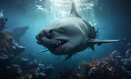 a large fish with large teeth that are swimming in the water