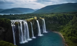 a waterfall next to the mountains in a blue lagoon