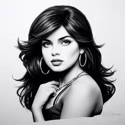 a black and white portrait of a woman with long hair