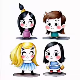 four girls with their heads tilted in three directions,a group of cartoon characters sit next to each other,some cartoon kids standing together in different poses,three little girls and two guys are sitting together,a drawing of some cartoon character with faces