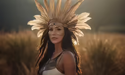 a girl with a head dress and feathers stands in the middle of a field