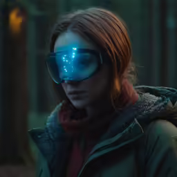 a person standing in a forest with blue light
