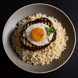 a plate topped with rice and an egg