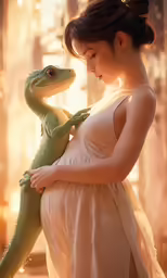 a woman in a long dress holding a large alligator