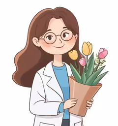 a woman doctor with glasses holding flowers