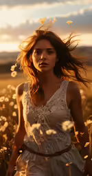 the young lady walks in the grass alone