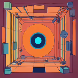 an orange and blue room with many pieces of art on it,an abstract background with a blue circle on a red surface