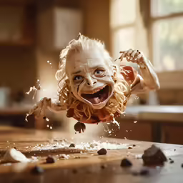 a smiling doll flying through the air on top of a wooden table