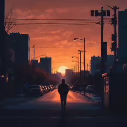 the person is walking alone on the street