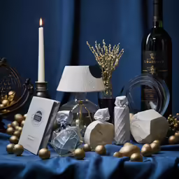candles, gifts and bottles of wine on a table