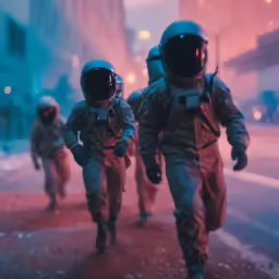 three men in space suits running down a street