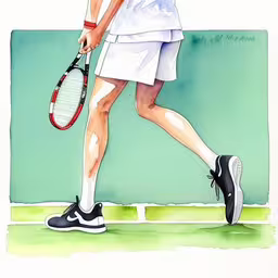 a woman walking down a sidewalk holding a tennis racquet,a drawing of a tennis player in her tennis outfit,woman in tennis outfit and tennis racquet on court,a drawing of a woman on a tennis court holding her racquet,a woman that has a racket in her hand