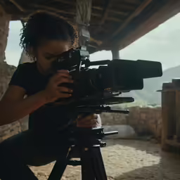 a person on a tripod looking at a video camera