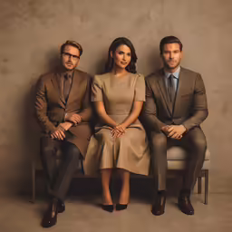 three people in suits sitting on a bench