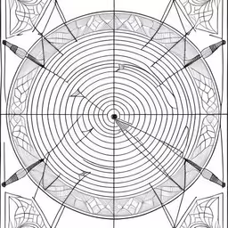 this is an intricate, hand drawn picture with lines and circles,the drawing for an art project with pencils,a drawing showing different points in the center and a design with leaves,the pattern for an umbrella is shown with different shapes,a drawing of some circles that are arranged together