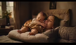 a woman laying down with her baby in her arms