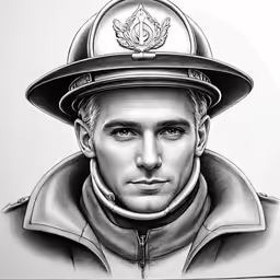 a black and white drawing of a fireman in a helmet