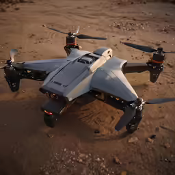 a grey airplane sits on the ground in a desert area