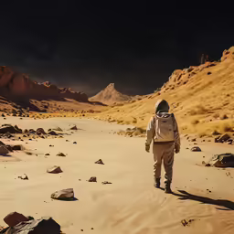 a person walking in the desert wearing a backpack