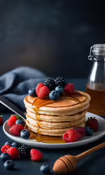 some pancakes on a white plate and berries