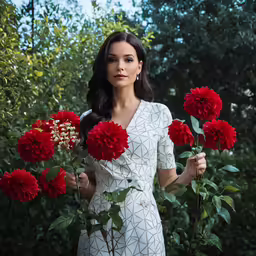 a beautiful woman wearing white holding up two red roses